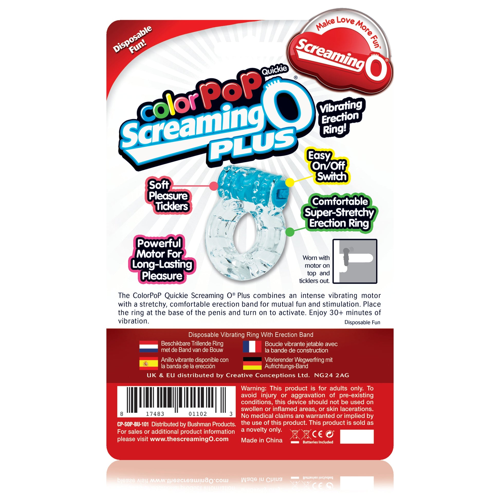 Blue vibrating cock ring with clitoral stimulator and text.