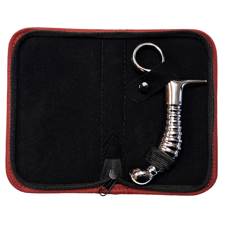 Stainless steel ribbed anal plug with a handle in a black case.
