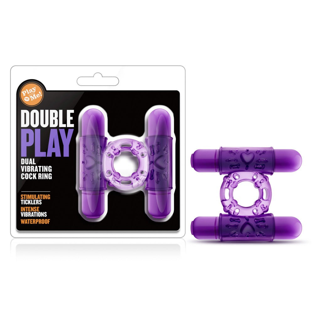 Purple dual vibrating cock ring with two bullet-shaped vibrators.