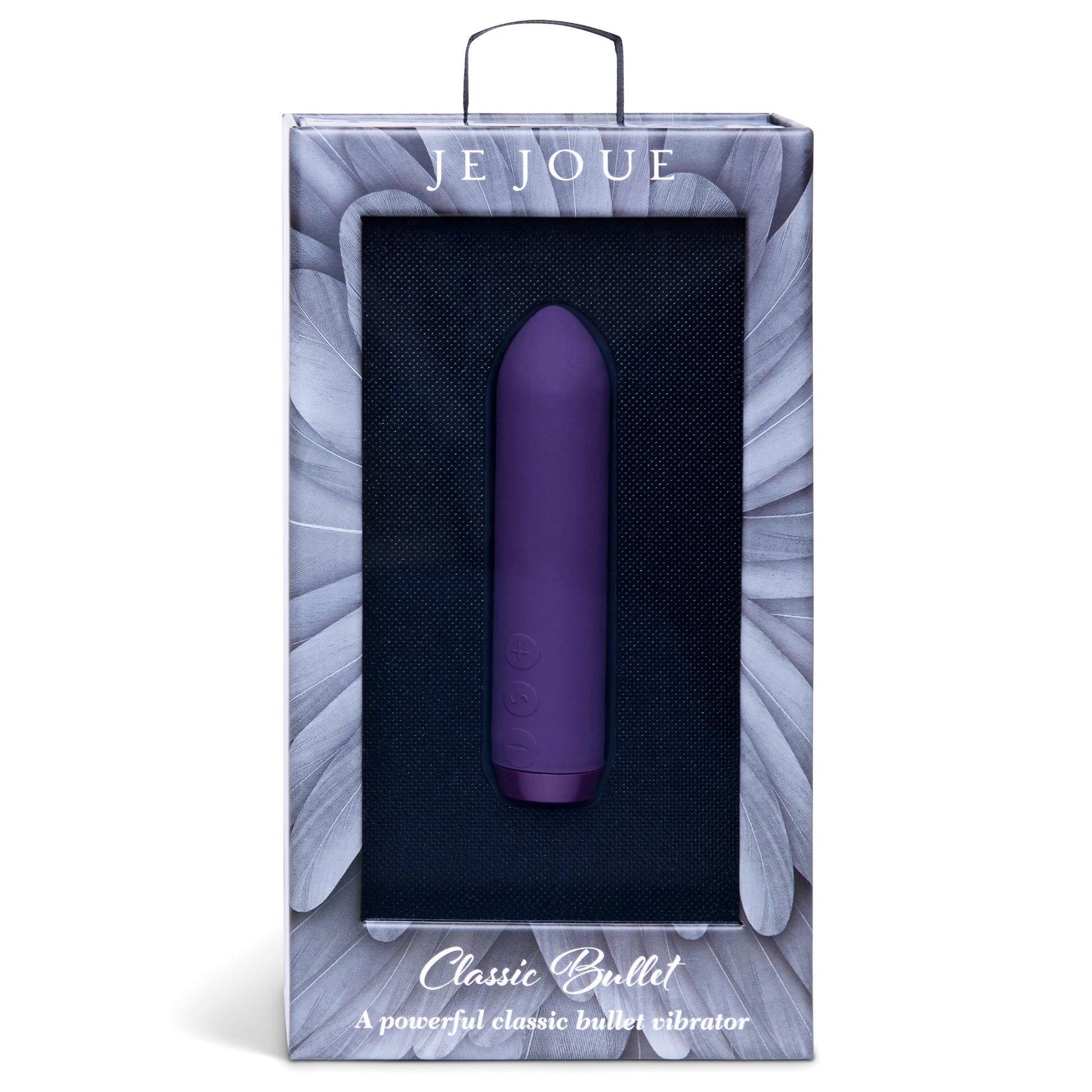 Purple Je Joue Classic Bullet vibrator in packaging with feather design.