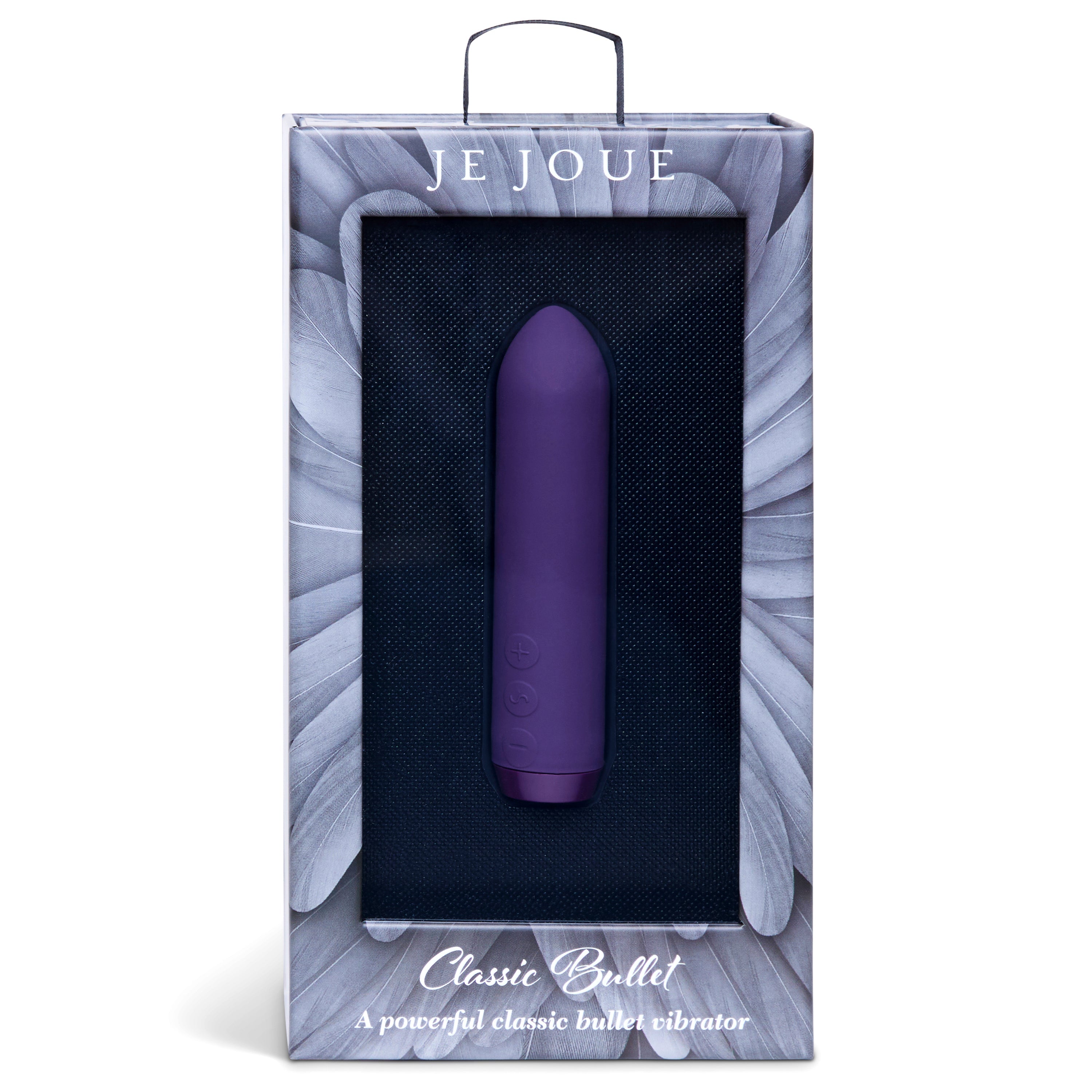Purple Je Joue Classic Bullet vibrator in packaging with feather design.