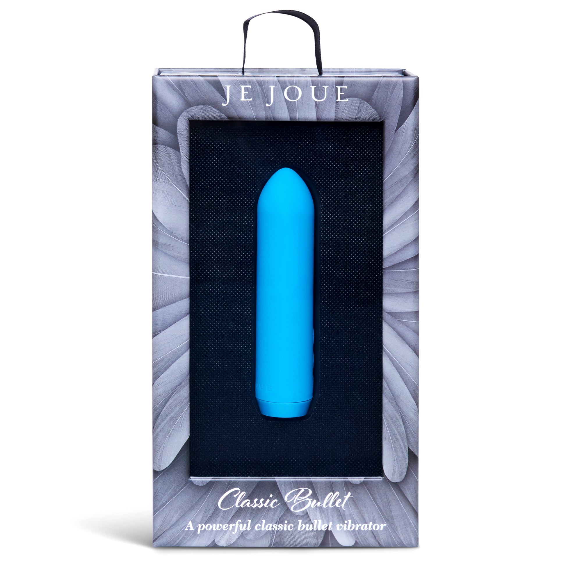 A blue bullet vibrator in its packaging with the brand name Je Joue and product name Classic Bullet.