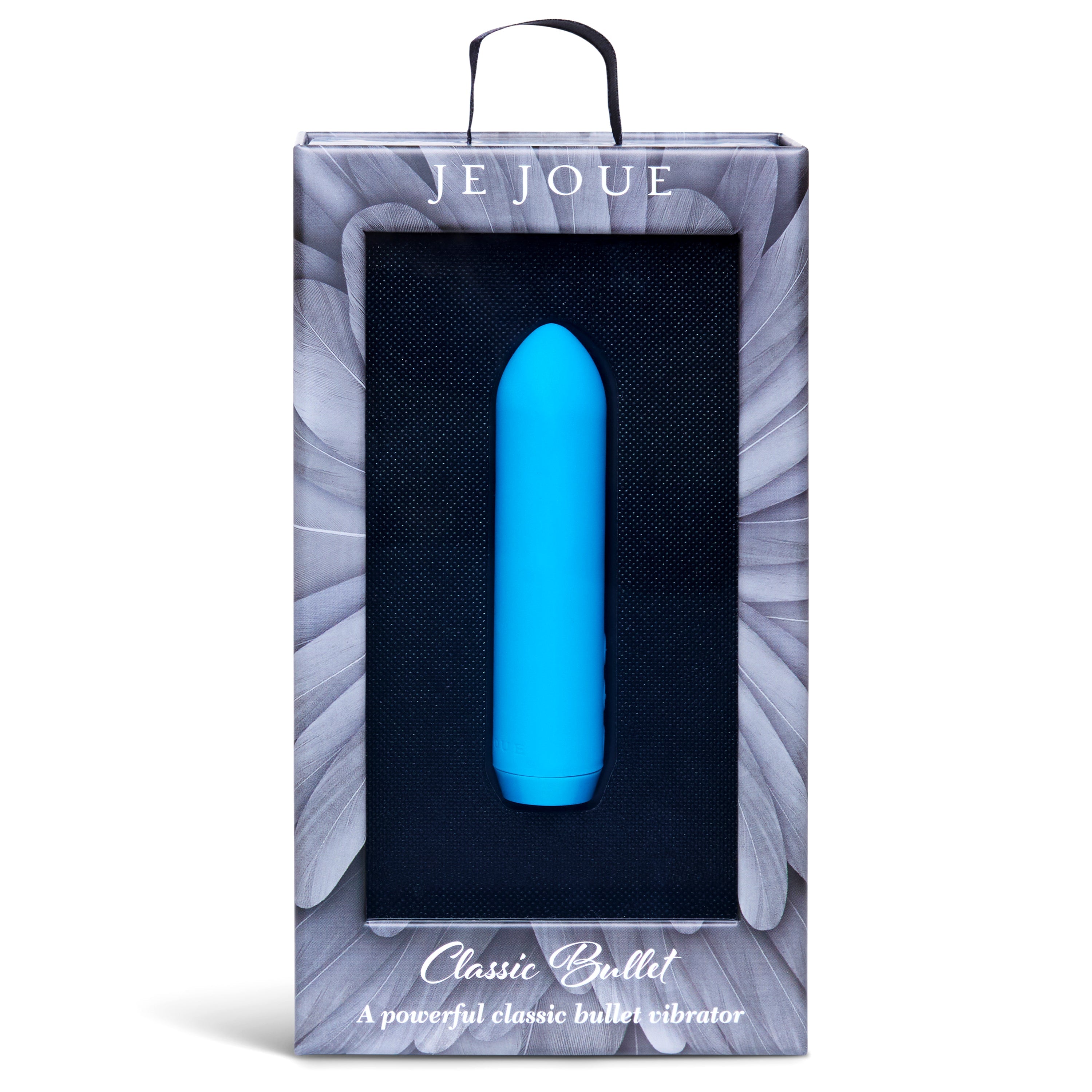 A blue bullet vibrator in its packaging with the brand name Je Joue and product name Classic Bullet.