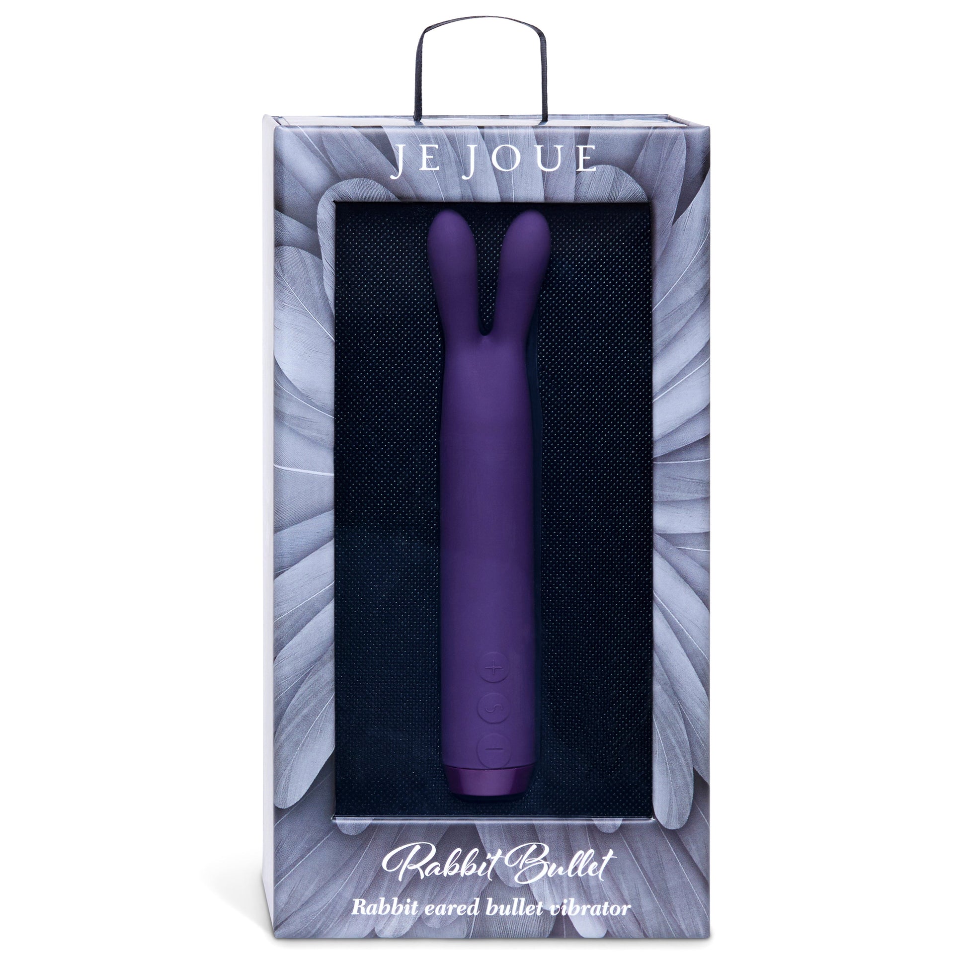 Purple Je Joue Rabbit Bullet vibrator in packaging with feather design.