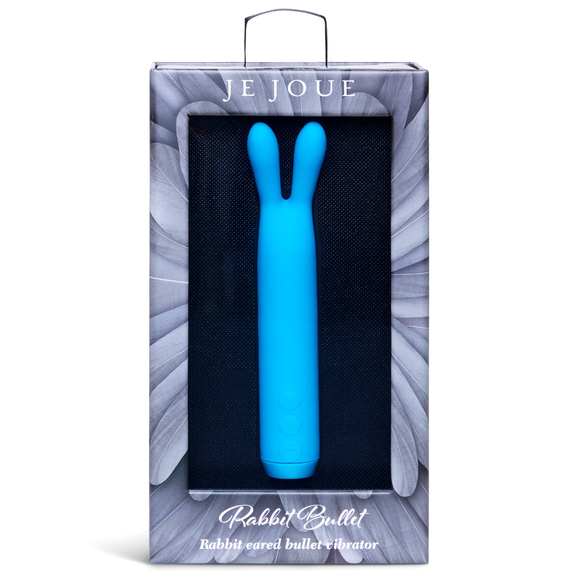 Blue rabbit bullet vibrator in its packaging.
