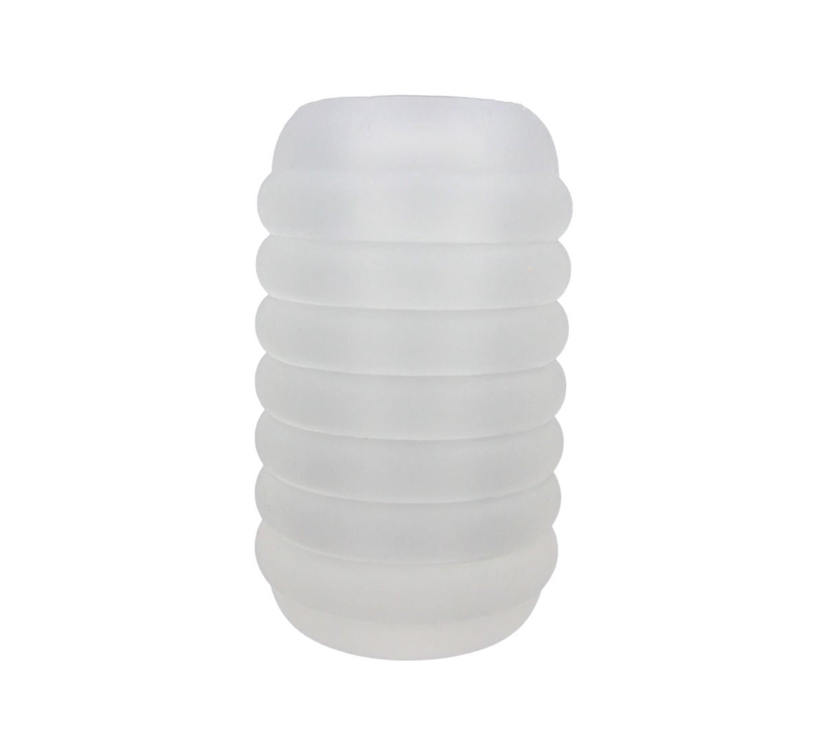 Frosted white ribbed masturbator with a cylindrical shape.