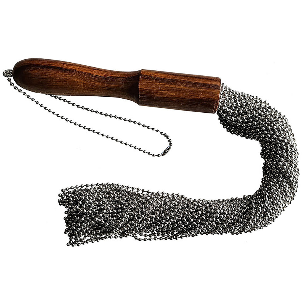 Wooden handled flogger with a dense chain of metal beads.