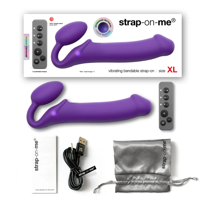 Purple XL vibrating bendable strap-on with remote control and accessories.