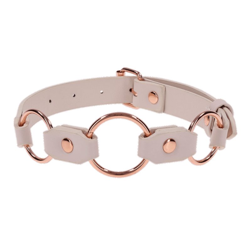 Faux leather day collar with rose gold rings and buckle.