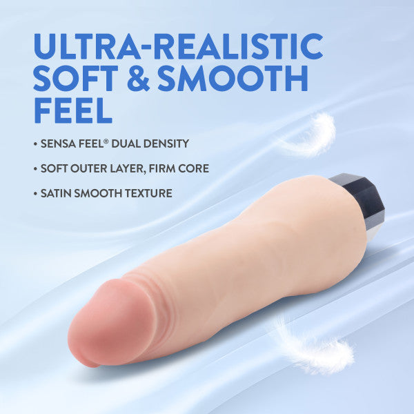 Realistic vibrating dildo with dual density material and satin smooth texture.
