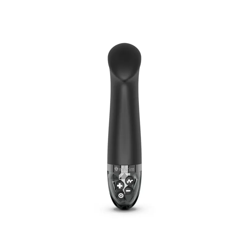 Black silicone vibrator with control buttons at the base.