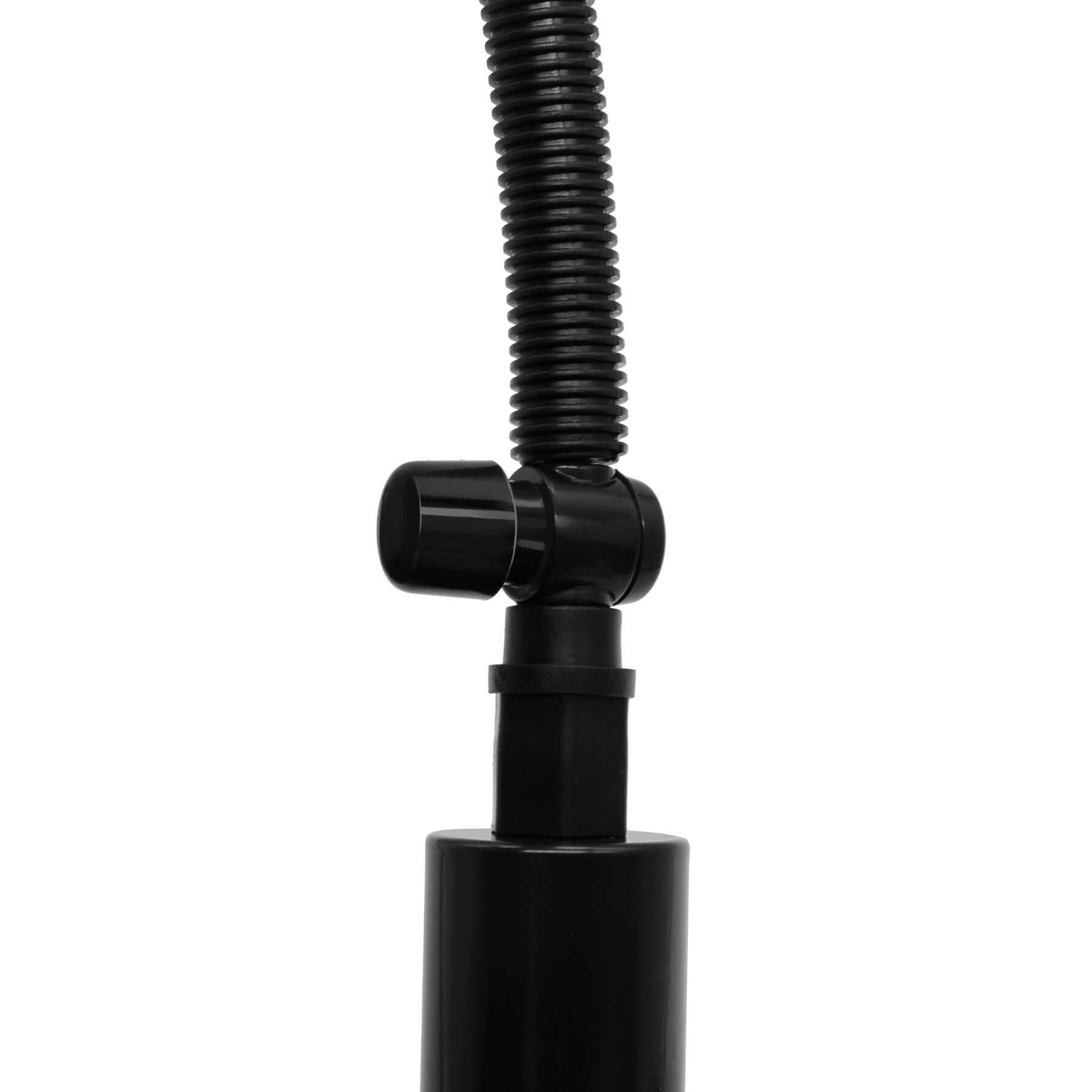 Black penis pump with a ribbed hose and silicone sleeve.