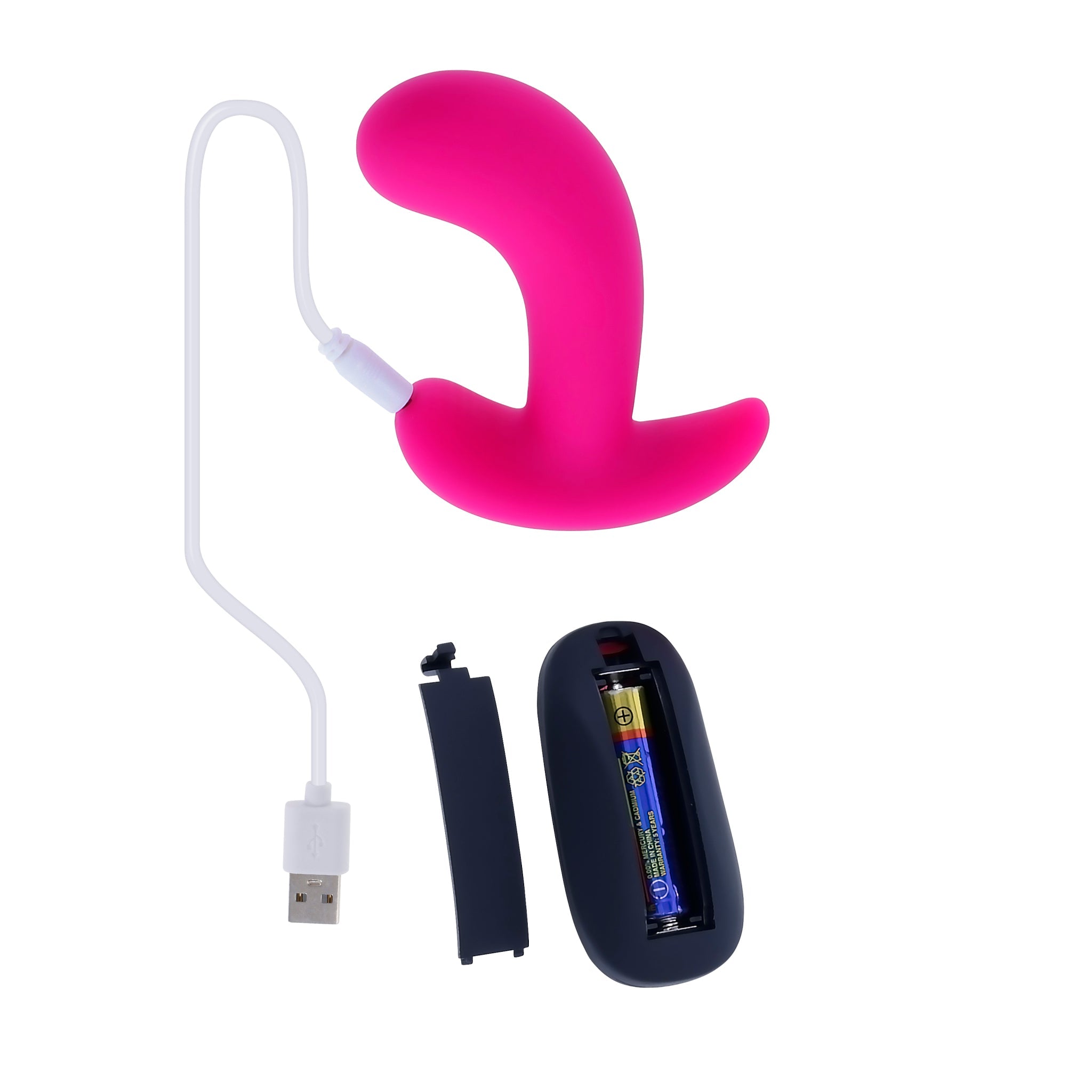 Pink silicone prostate massager with USB charging cable and remote control with battery.