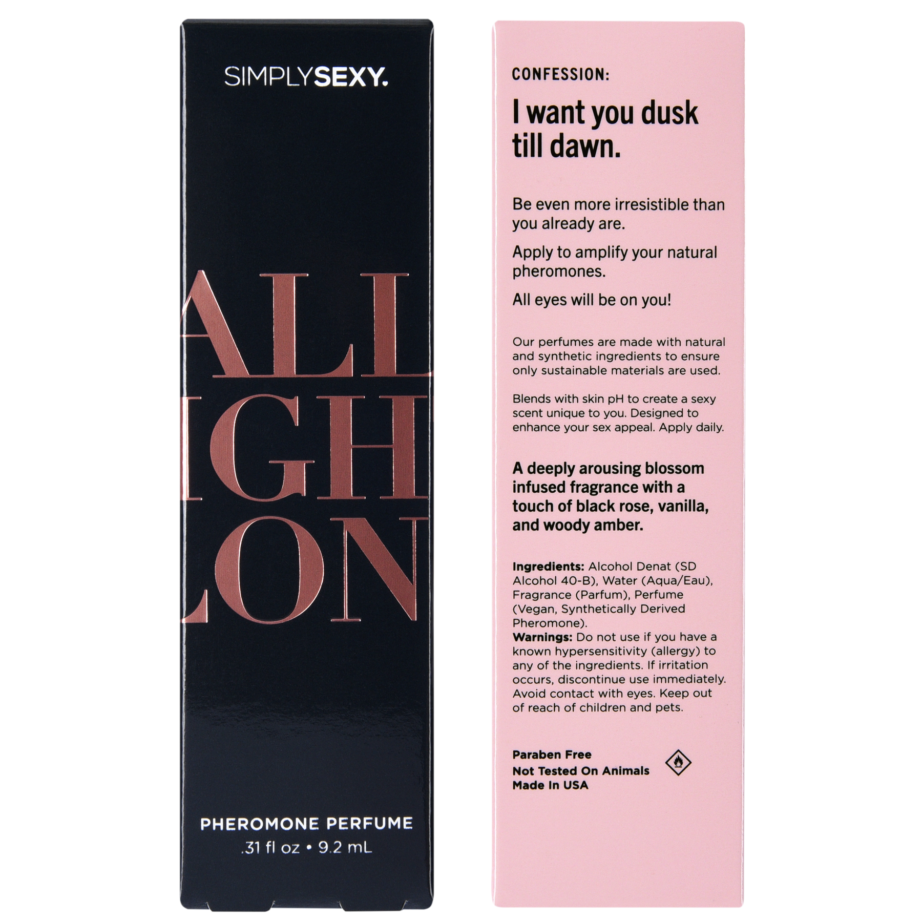 Simply Sexy All Night Long pheromone perfume spray in a black bottle with rose gold lettering.