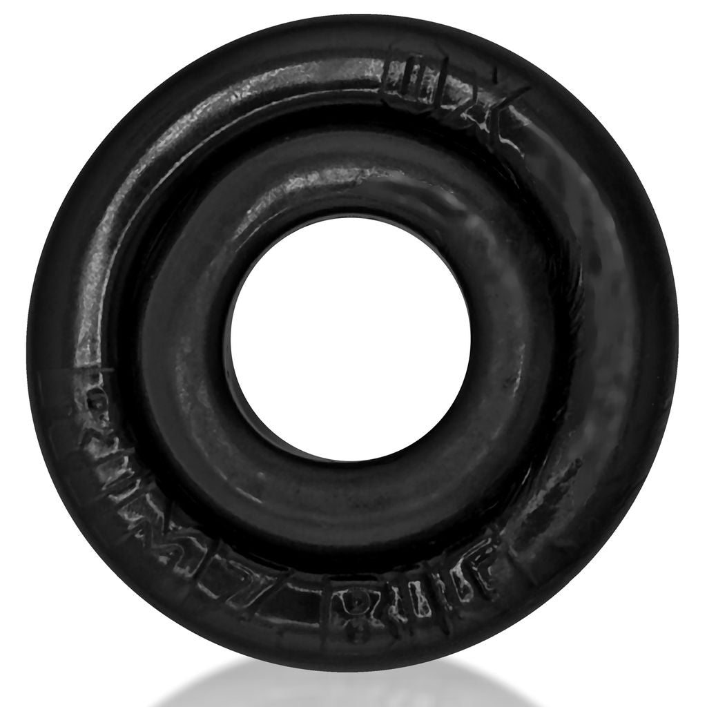 Black soft rubber cock ring with embossed text.