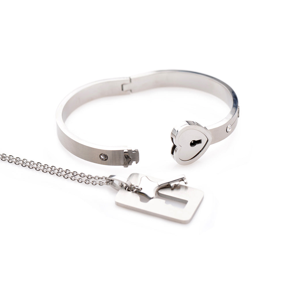 Tungsten steel bracelet with heart lock and matching key necklace.