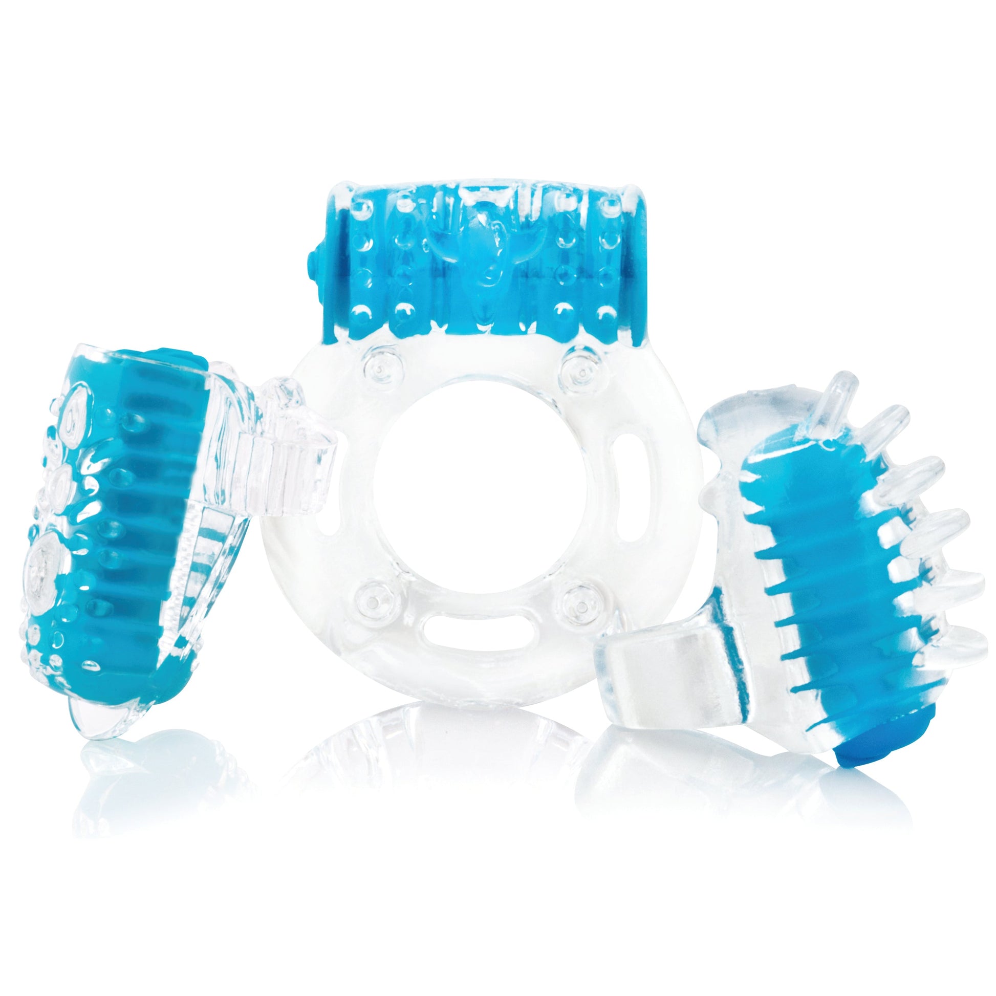 Blue vibrating male pleasure kit with textured rings.