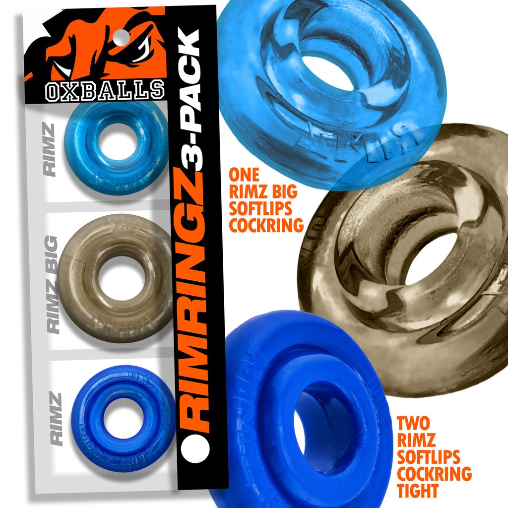 A 3-pack of blue and clear cock rings in multiple sizes.