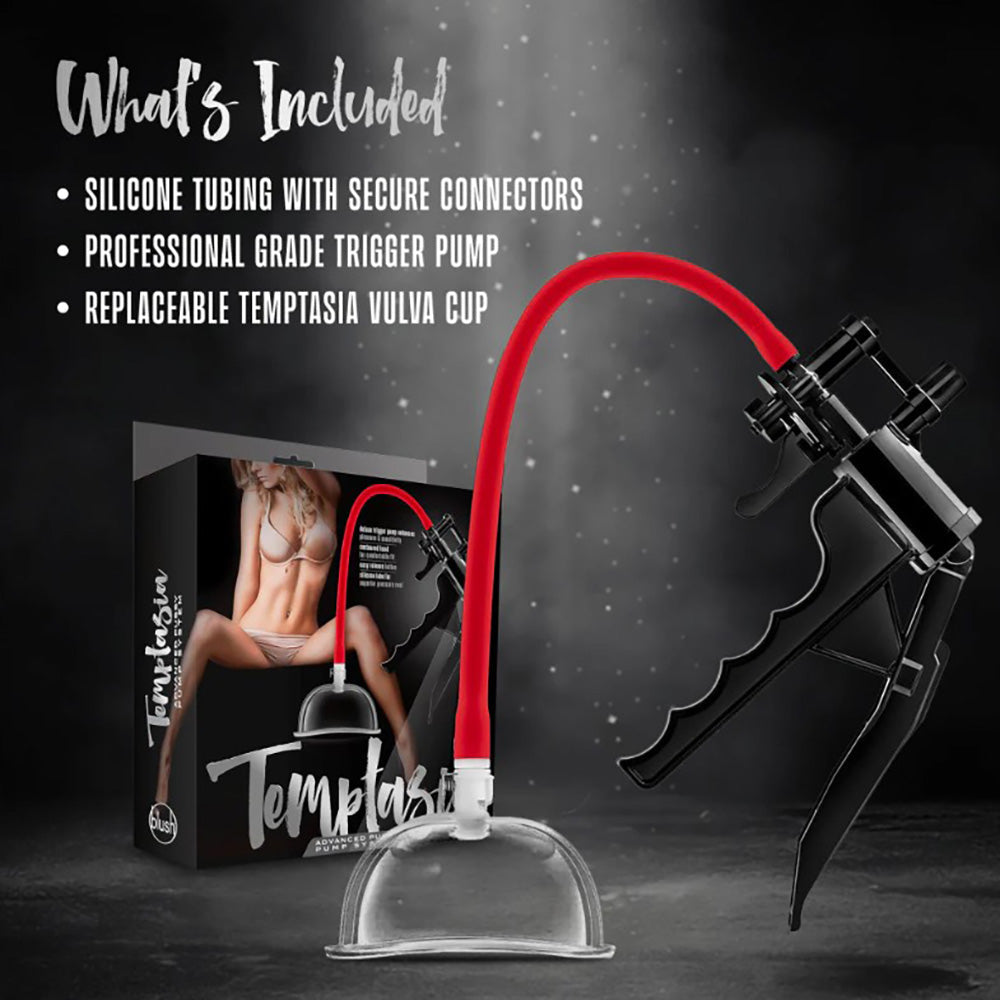 A black and red vulva pump system with a clear cup and a box showing a woman.