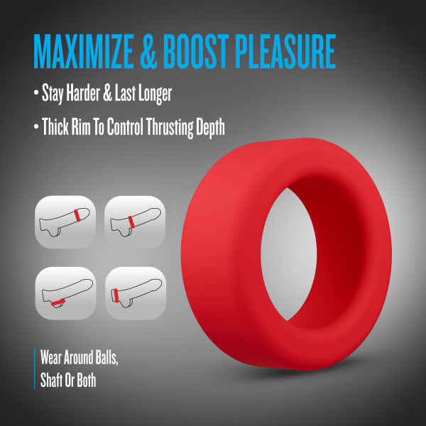 Red silicone cock ring with diagrams showing placement options.