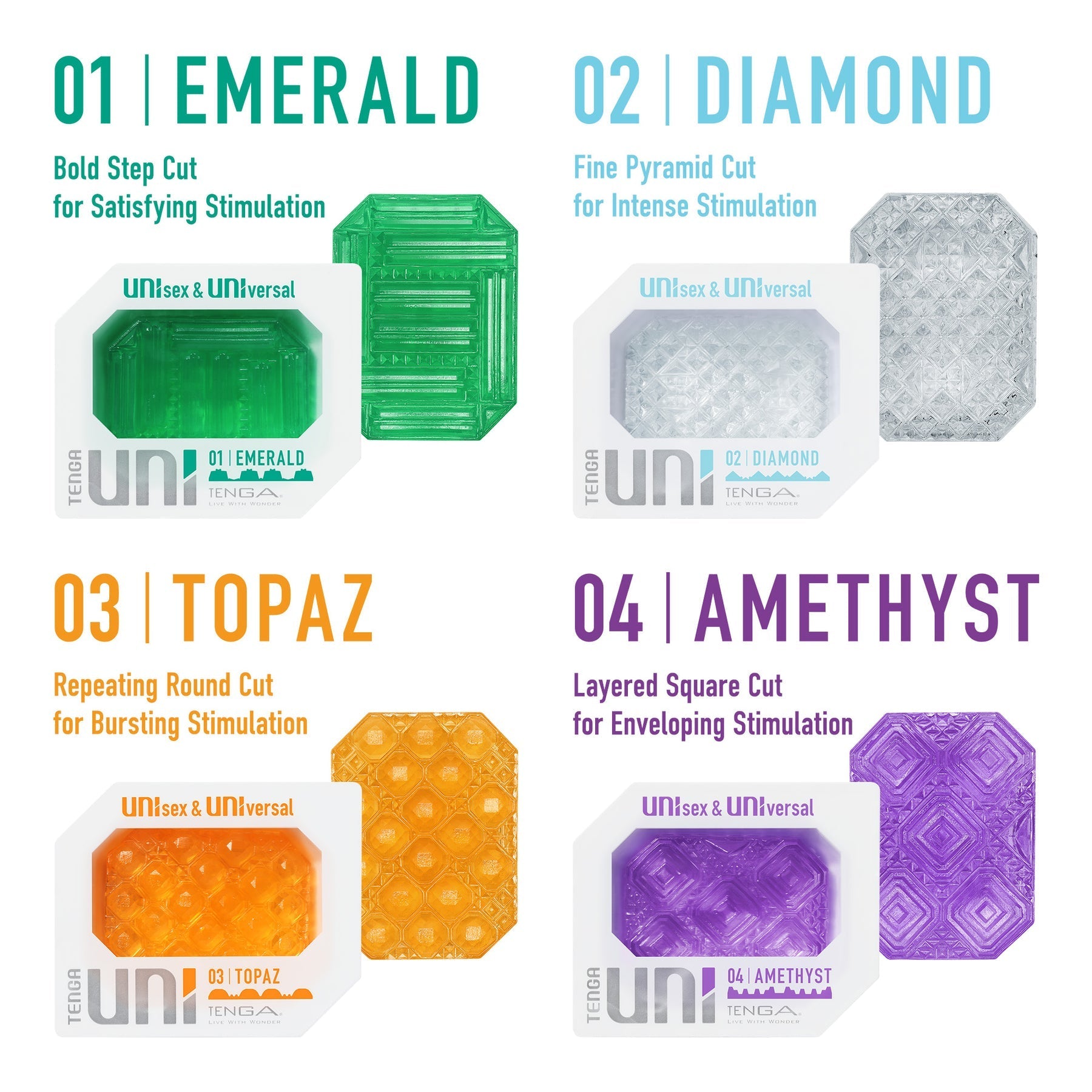 Four Tenga Uni pleasure sleeves in Emerald, Diamond, Topaz, and Amethyst designs.