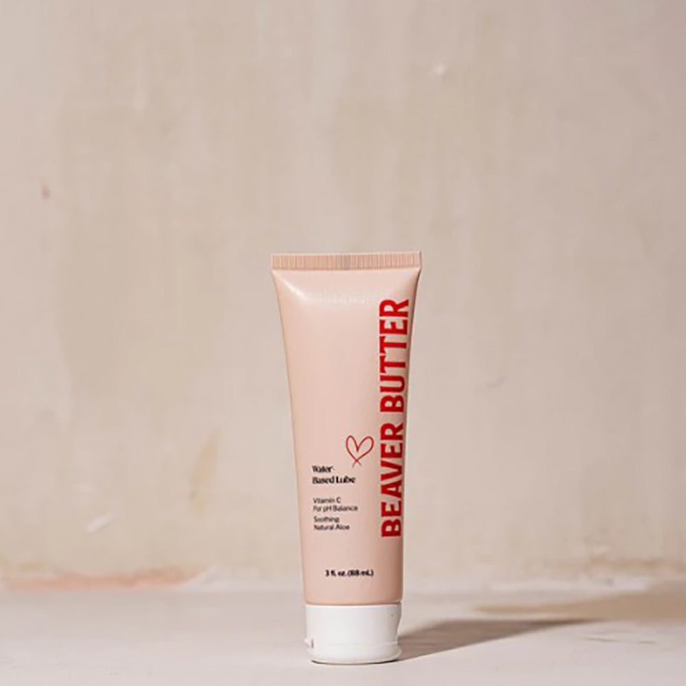 A tube of Beaver Butter water-based lubricant with aloe and vitamin C.