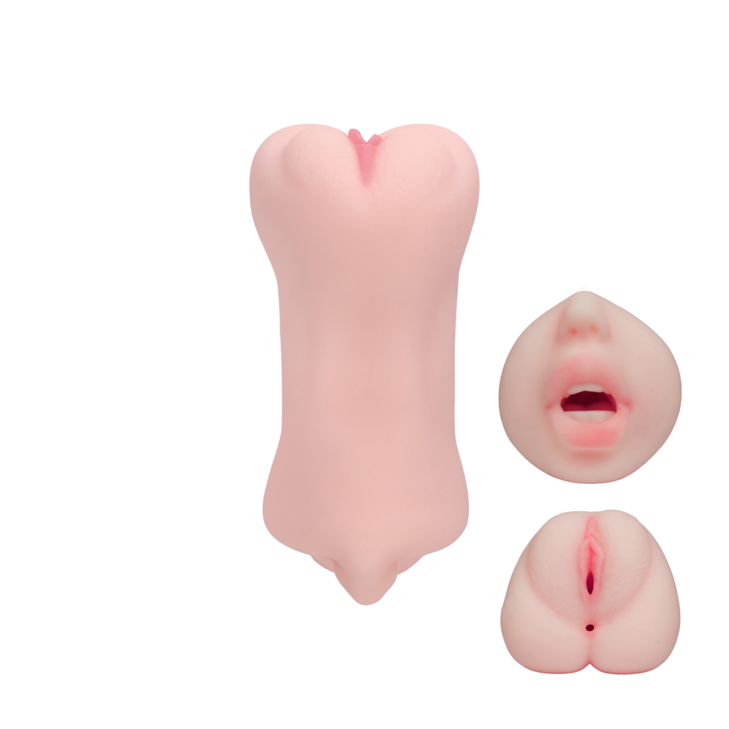 Realistic male masturbator with three orifices: a mouth, a vagina, and an anus.