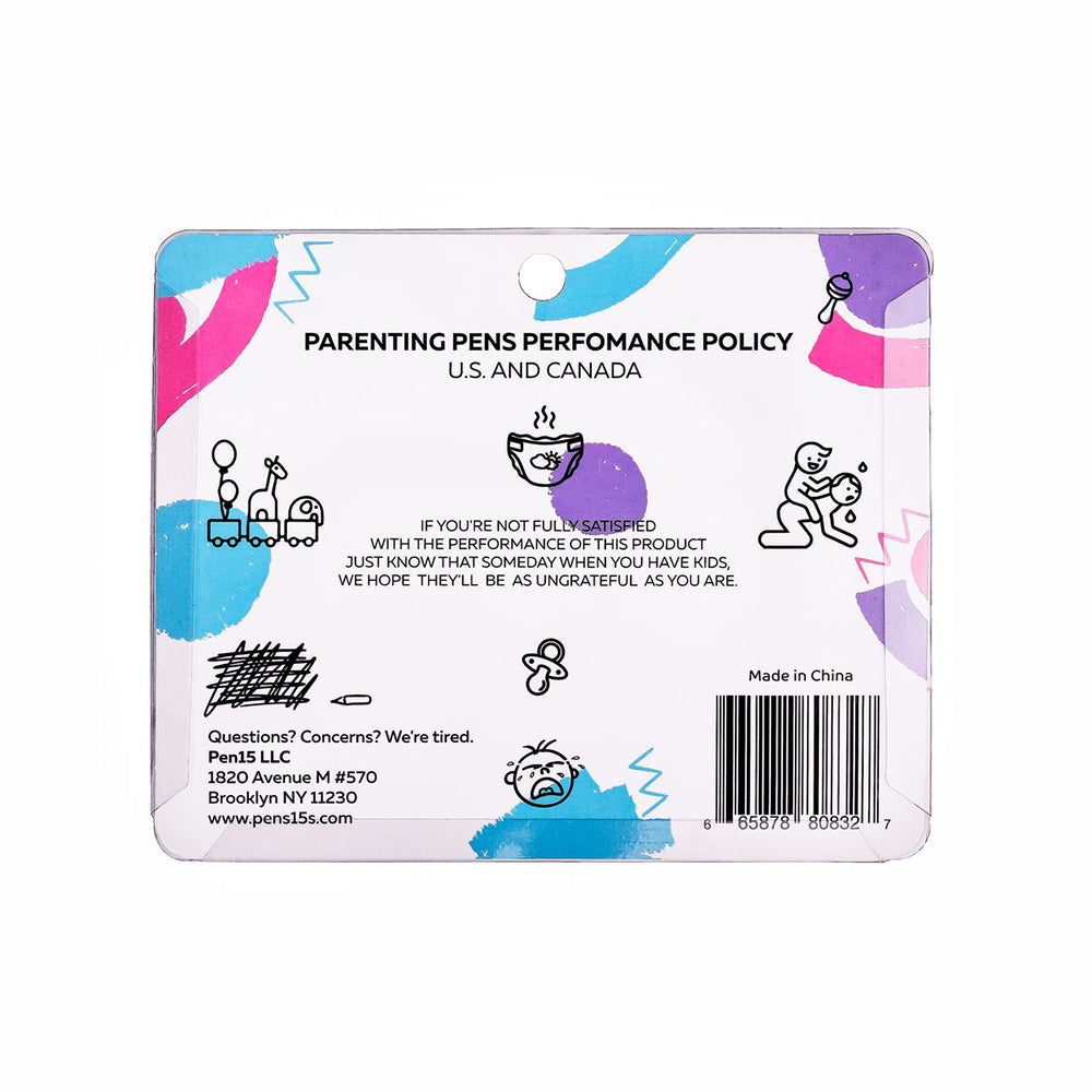 Parenting Pens 5-Pack with humorous parenting policy and illustrations.