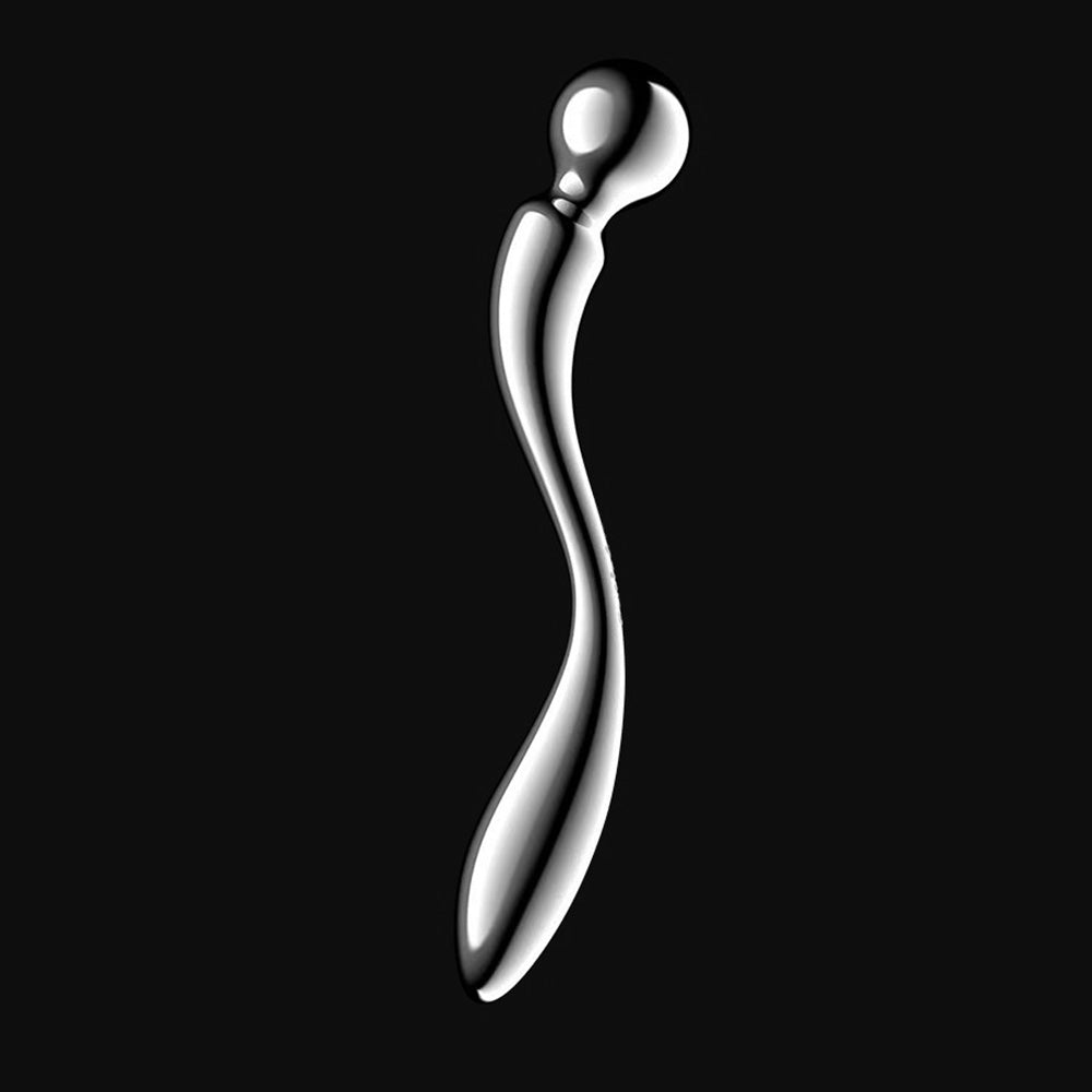 A curved, silver G-spot stimulator with a spherical tip.