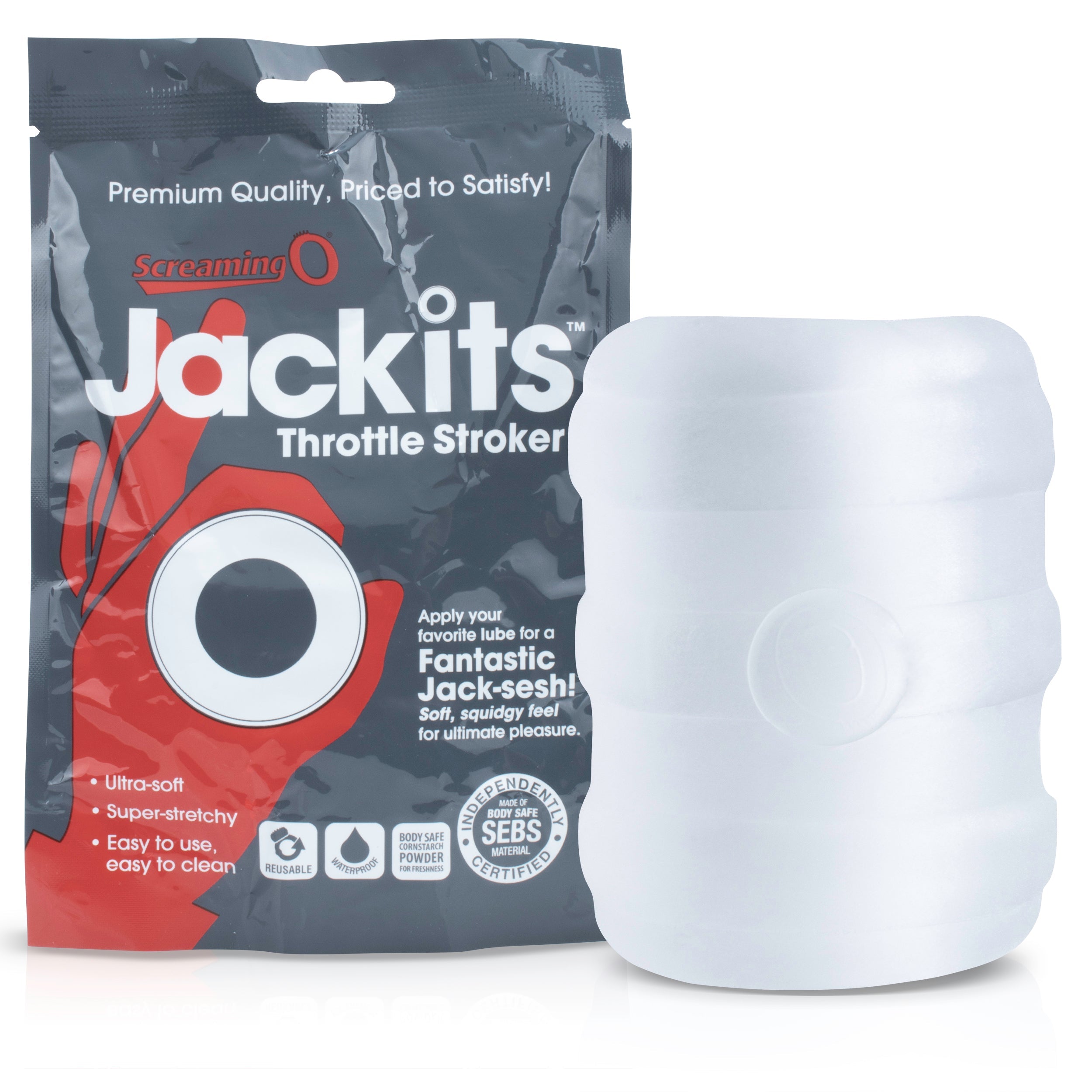 Screaming O Jackits Throttle stroker in white, made of body-safe SEBS material.