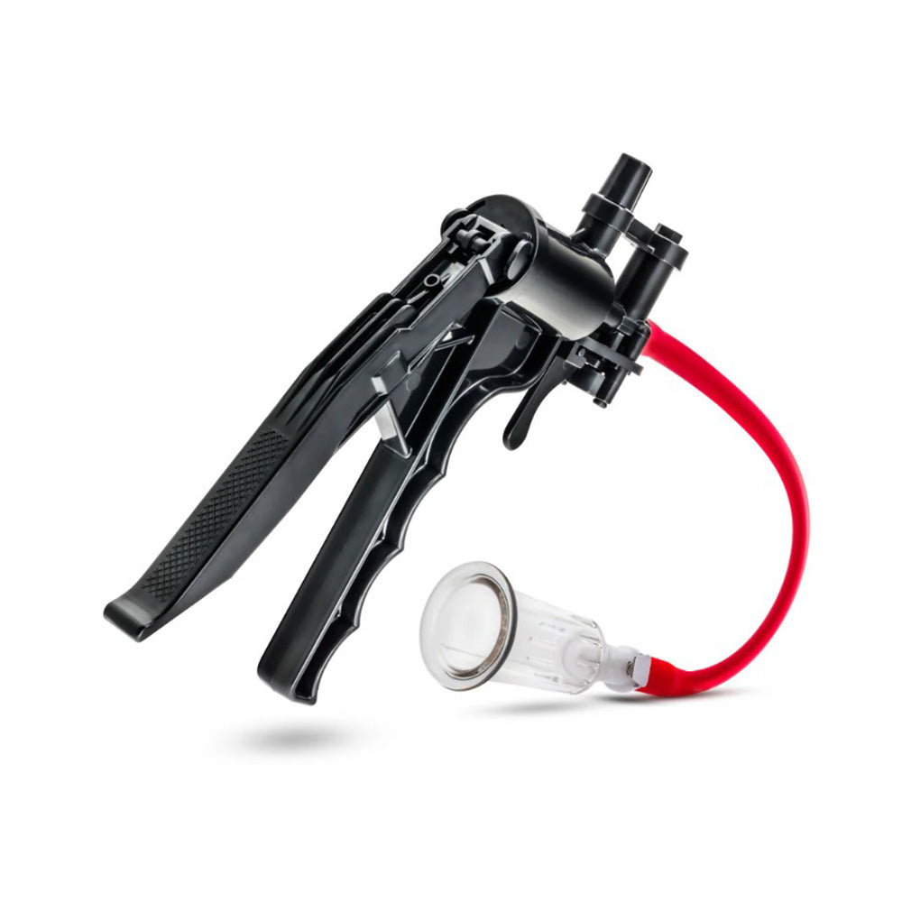 Black pump with red hose and clear cylinder on a white background.
