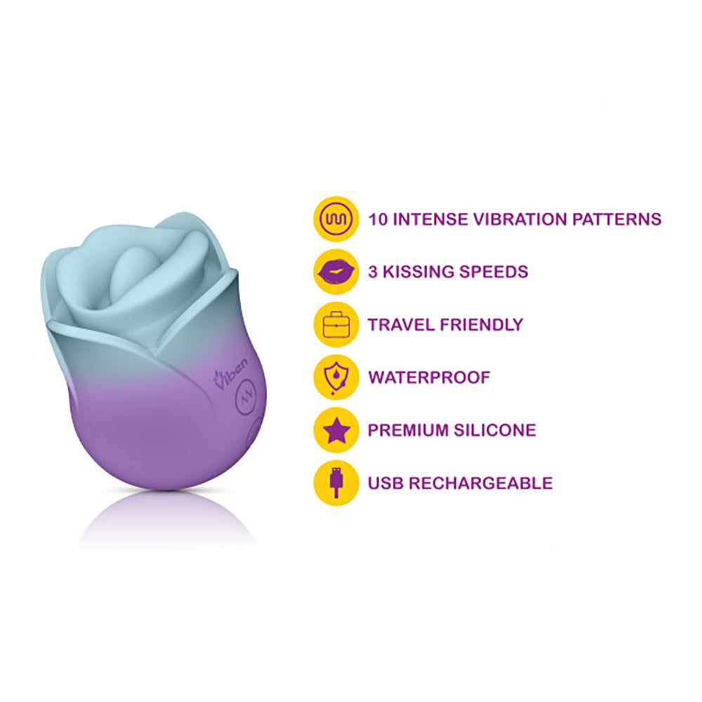A rose-shaped clitoral stimulator in pastel blue and purple with text listing features.