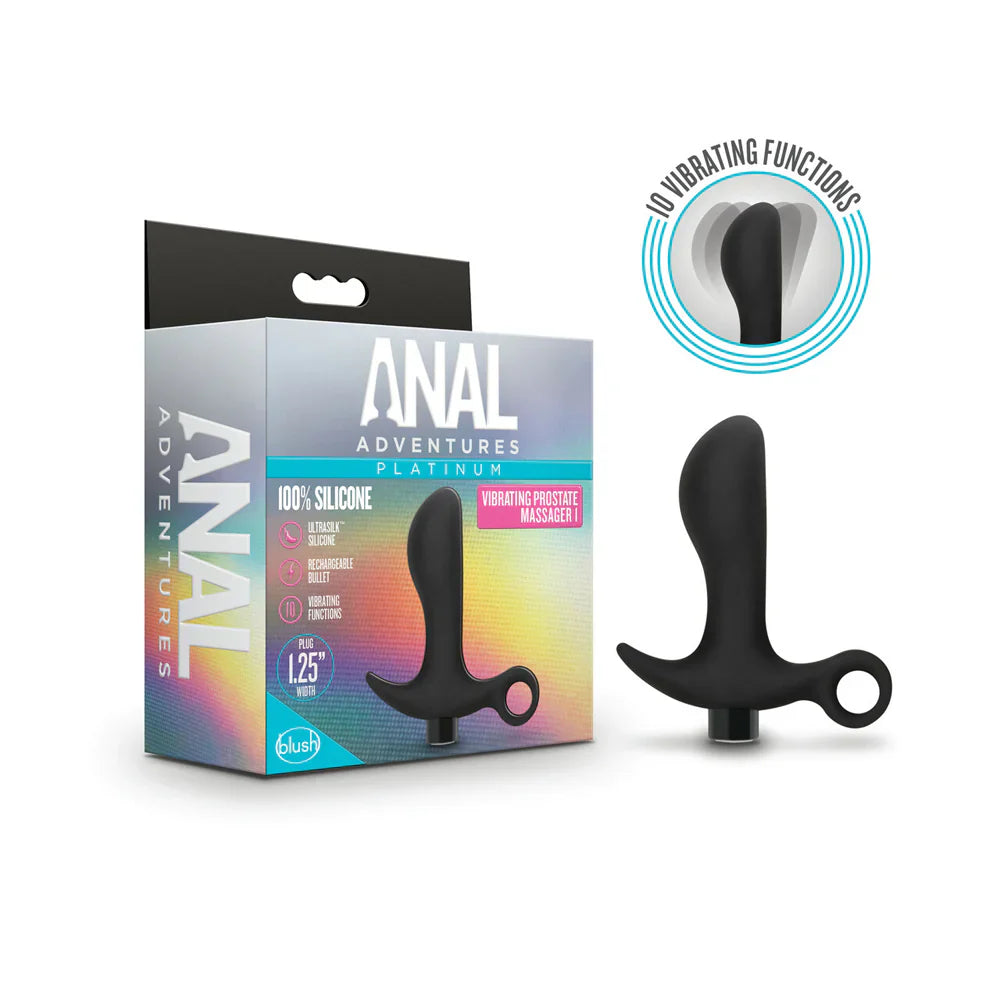 Black silicone prostate massager with a curved insertable end and a loop handle.