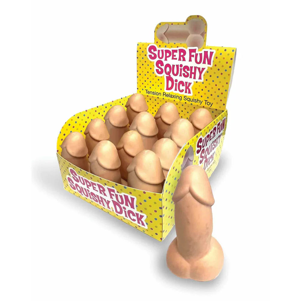 A display box of 12 penis-shaped squishy stress toys.