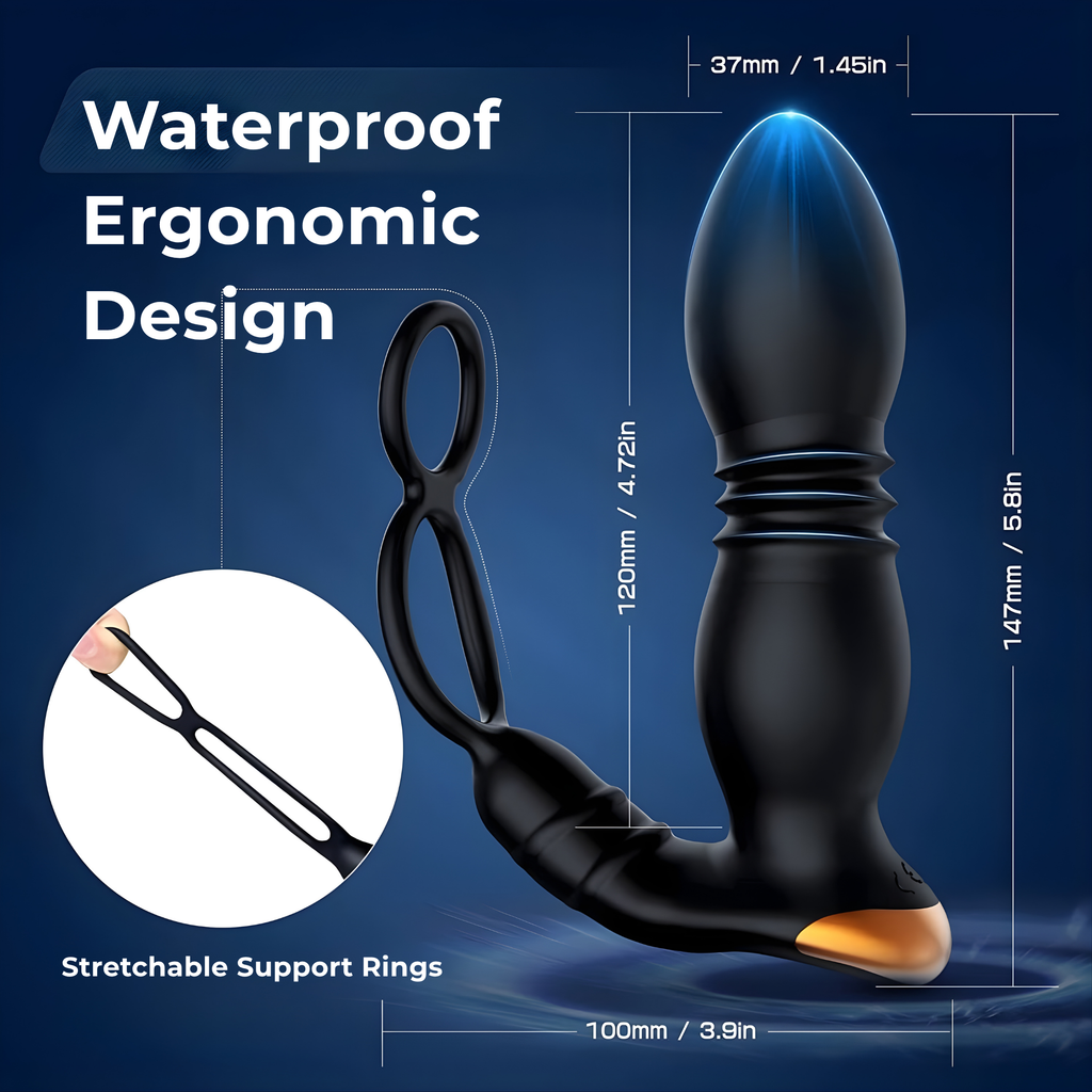 Black prostate vibrator with support rings and dimensions labeled.