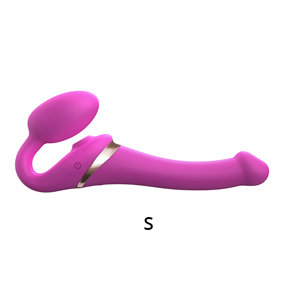 Fuchsia silicone bendable strap-on with remote control and size S label.