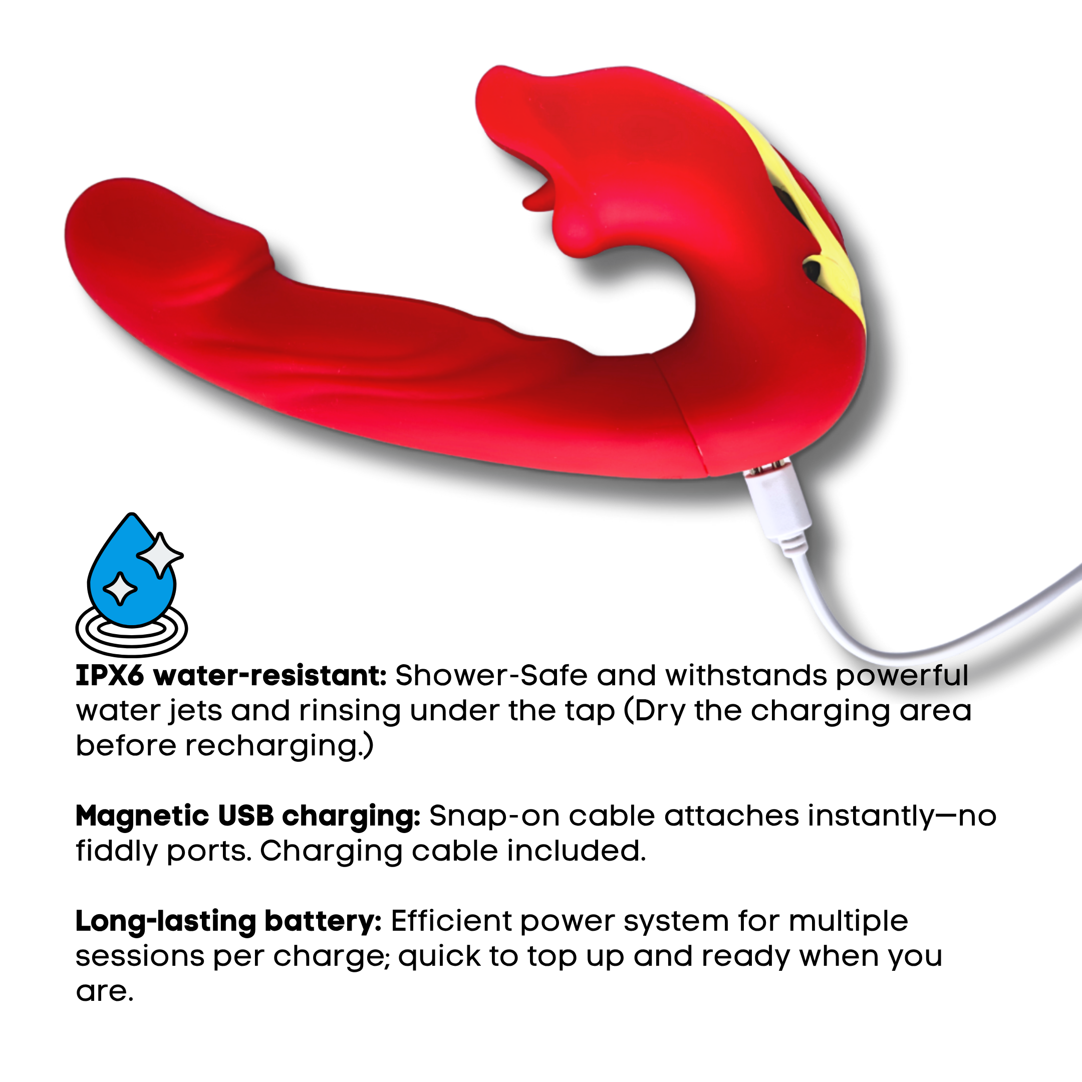 Red and yellow silicone vibrator with USB charging cable attached.