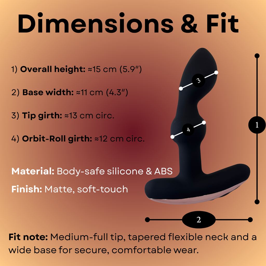 Black prostate massager with dimensions and material details.