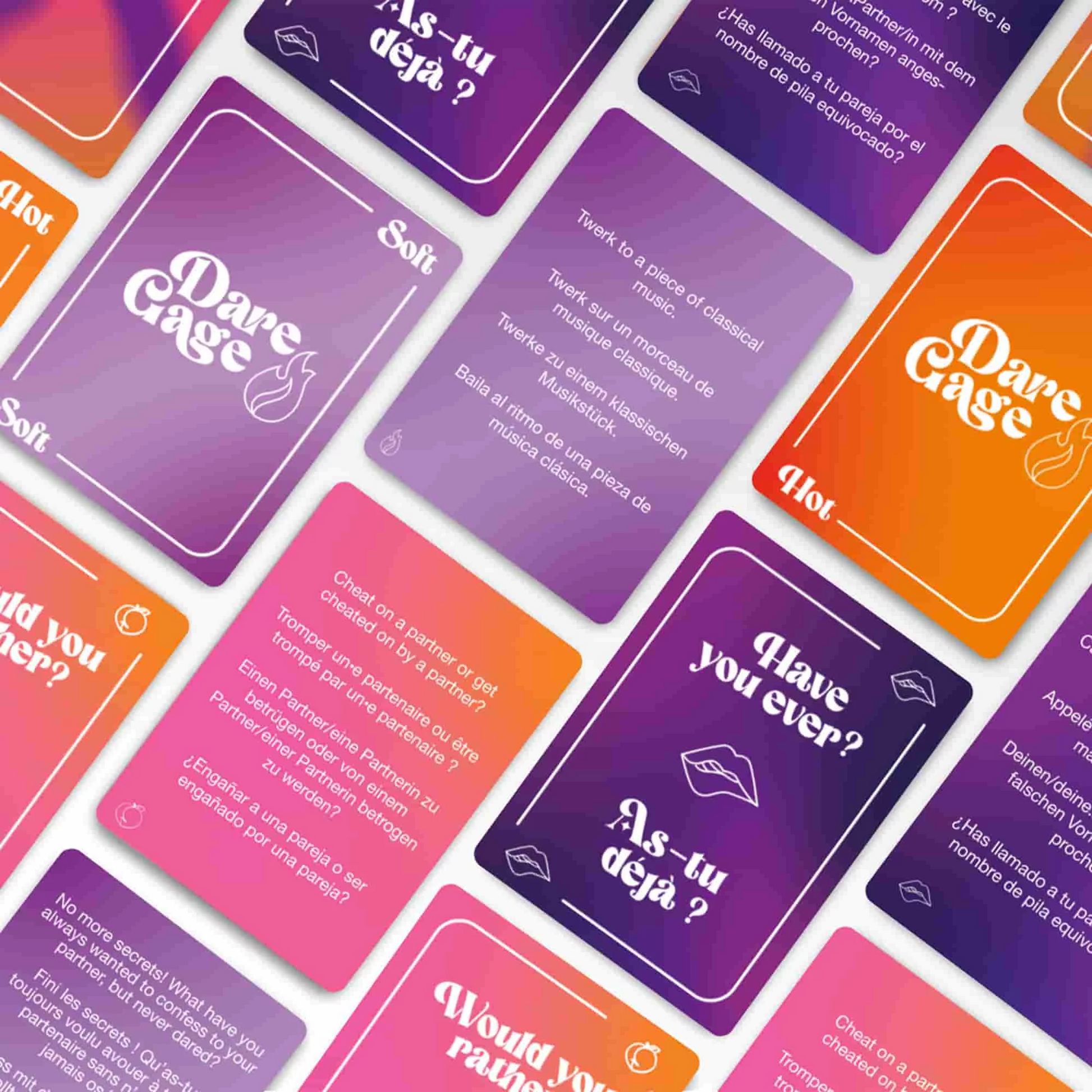 A collection of Dare Cage cards in various colors and languages.