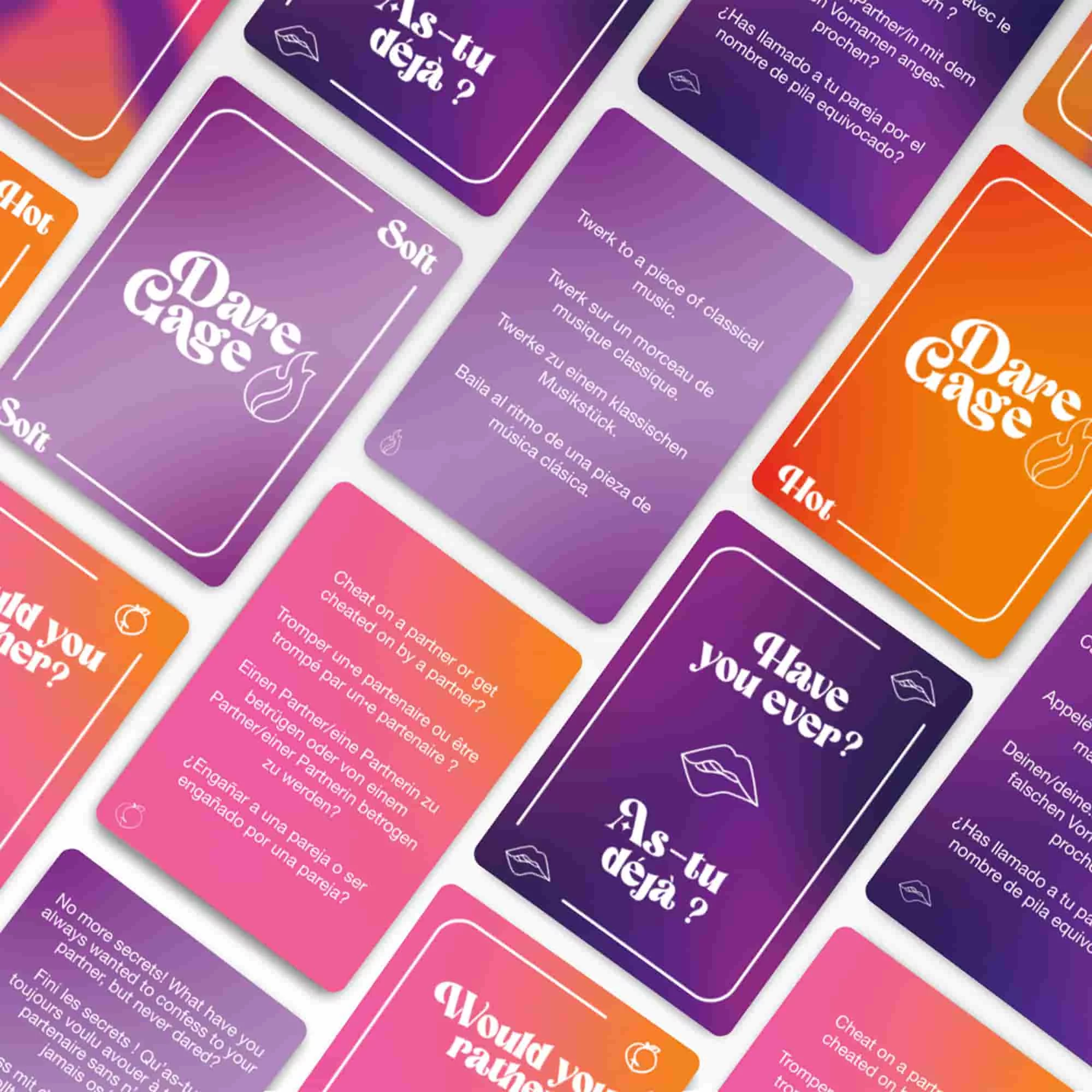 A collection of Dare Cage cards in various colors and languages.
