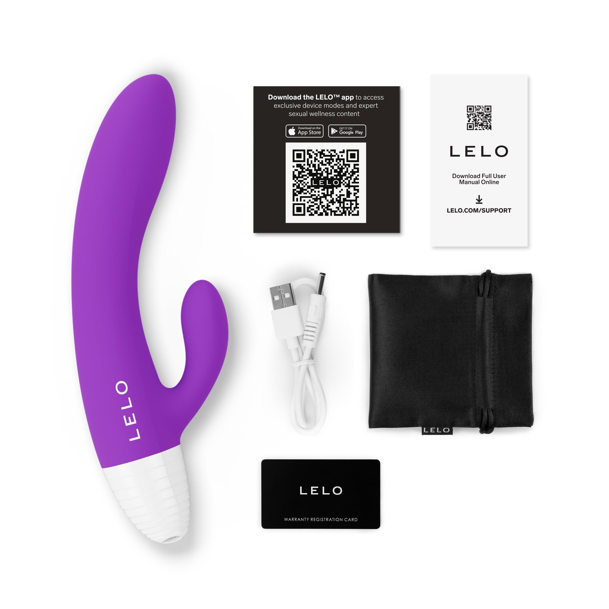 A purple LELO vibrator with a white tip, charging cable, storage pouch, and informational cards.