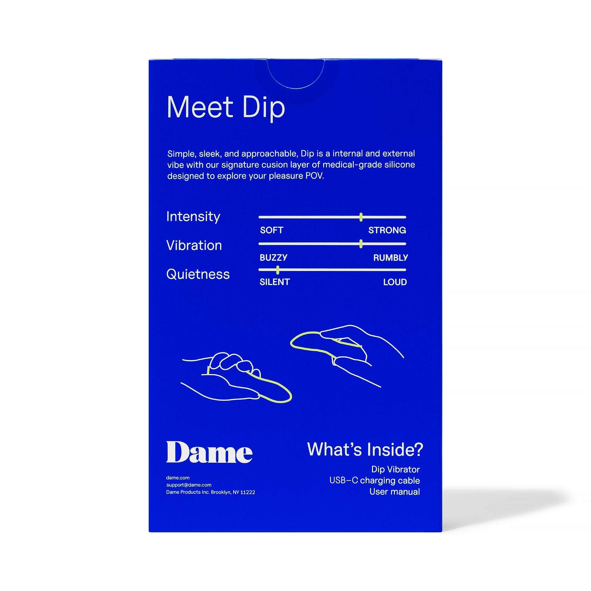 A periwinkle silicone vibrator with intensity, vibration, and quietness sliders.