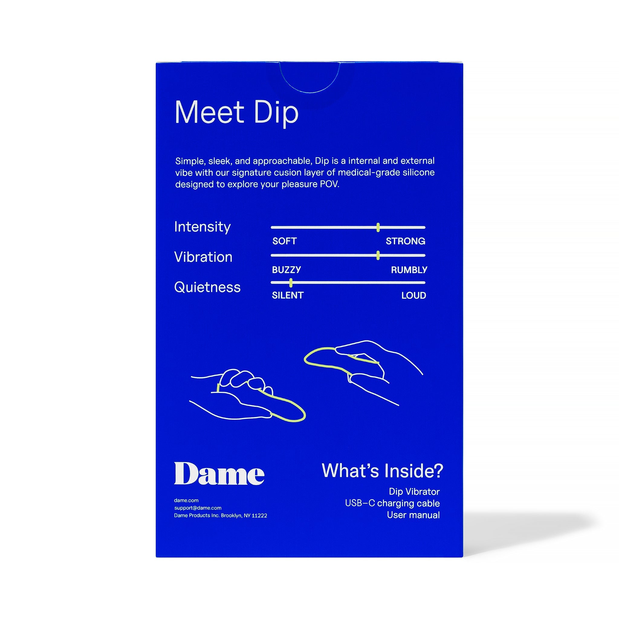 A periwinkle silicone vibrator with intensity, vibration, and quietness sliders.