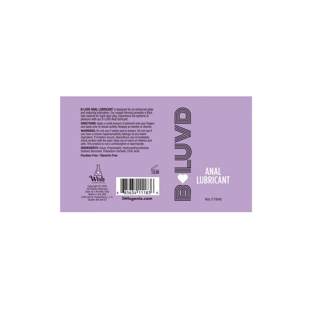 B-Luvd Anal Lubricant water-based gel 4oz with ingredients and usage instructions.