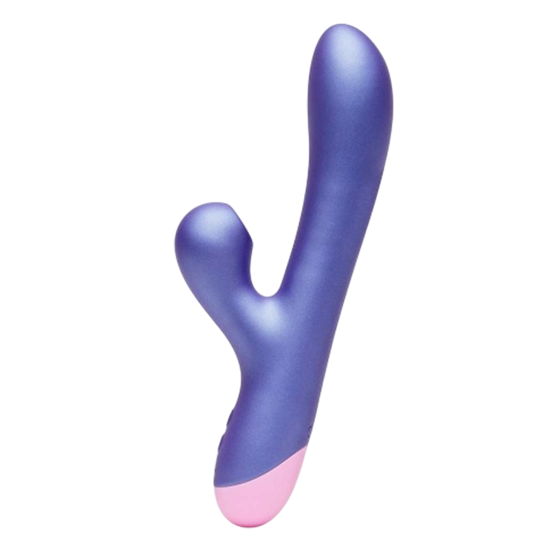 Purple and pink rabbit vibrator with a curved design.