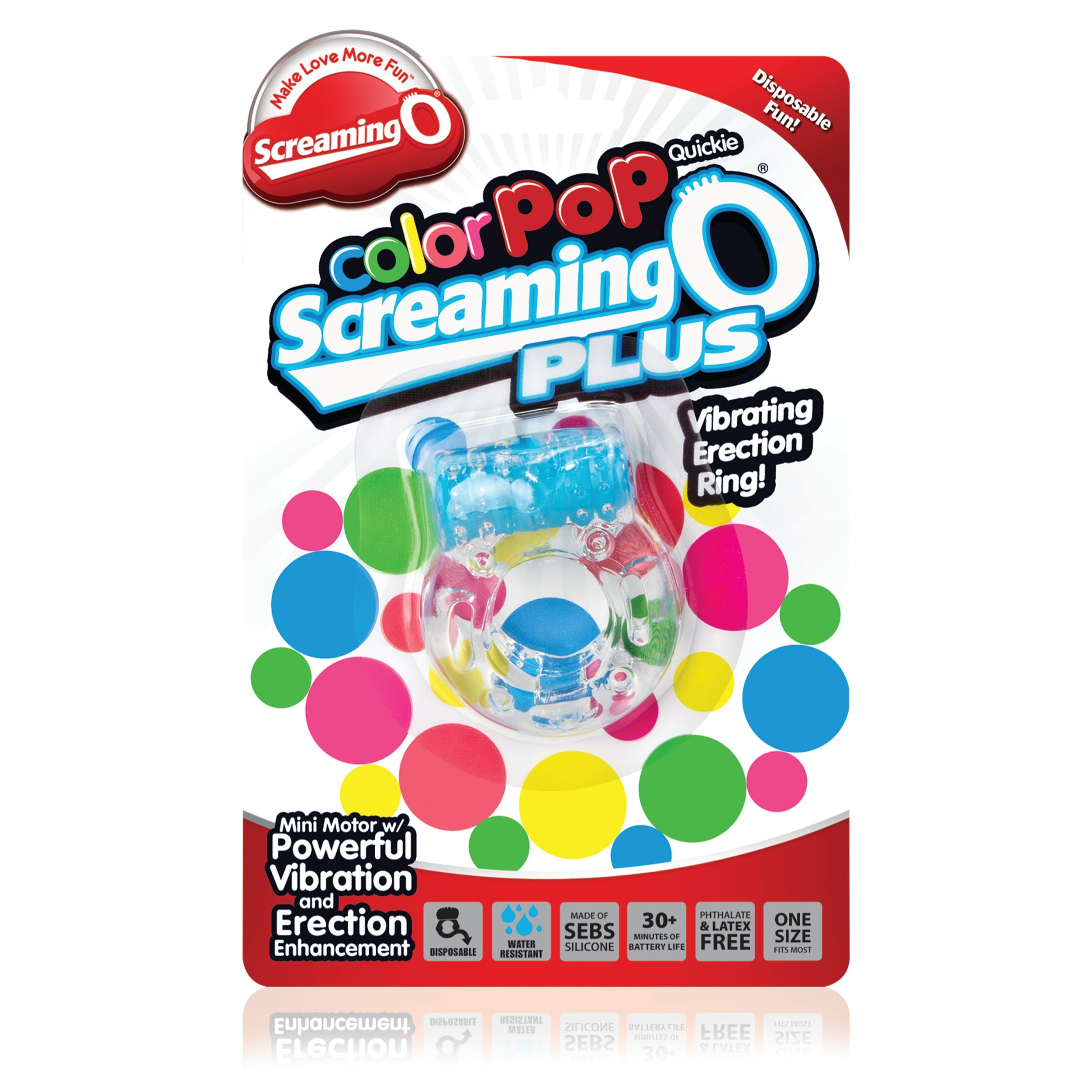Blue vibrating cock ring with clitoral stimulator and colorful polka dots.