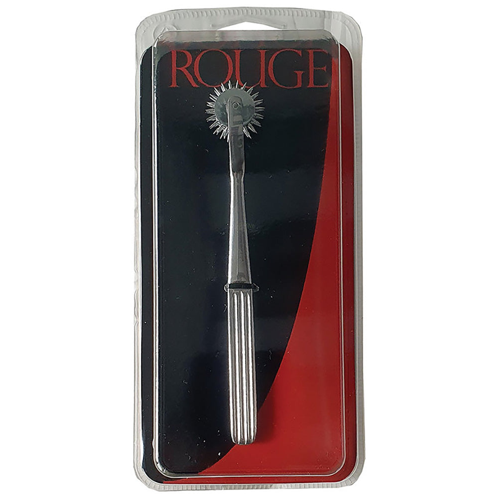 A stainless steel sensory pinwheel with a ribbed handle in packaging.
