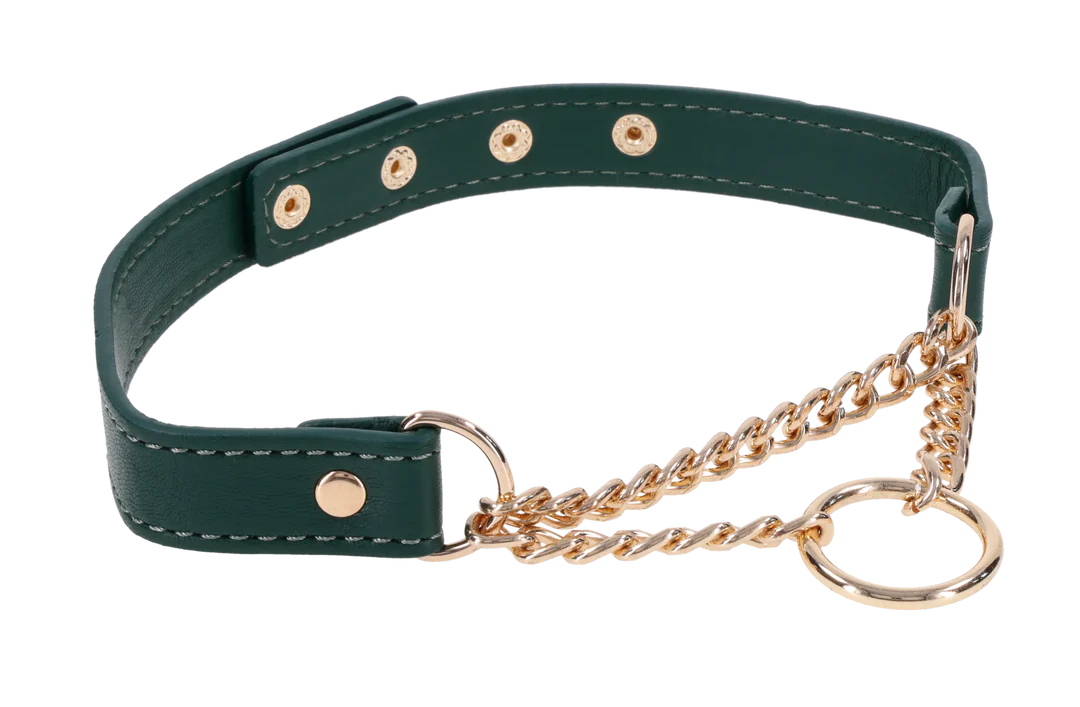 Emerald green faux leather day collar with gold chain and hardware.