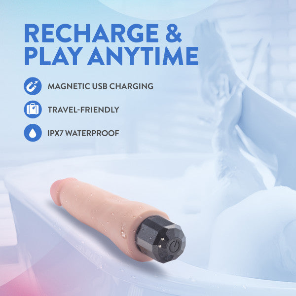 Realistic vibrating dildo with magnetic USB charging and IPX7 waterproof rating.