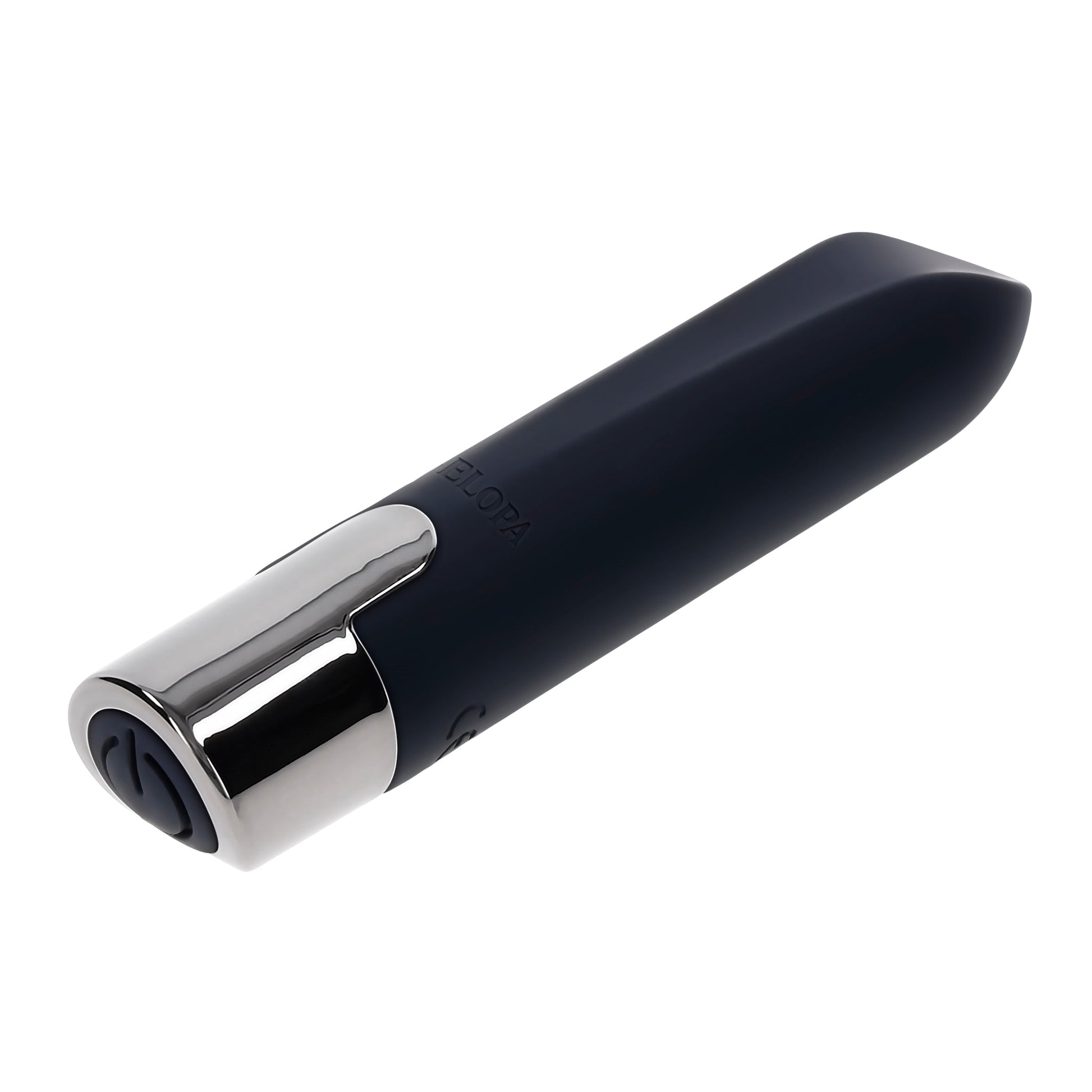 A dark blue bullet vibrator with a silver tip and embossed branding.
